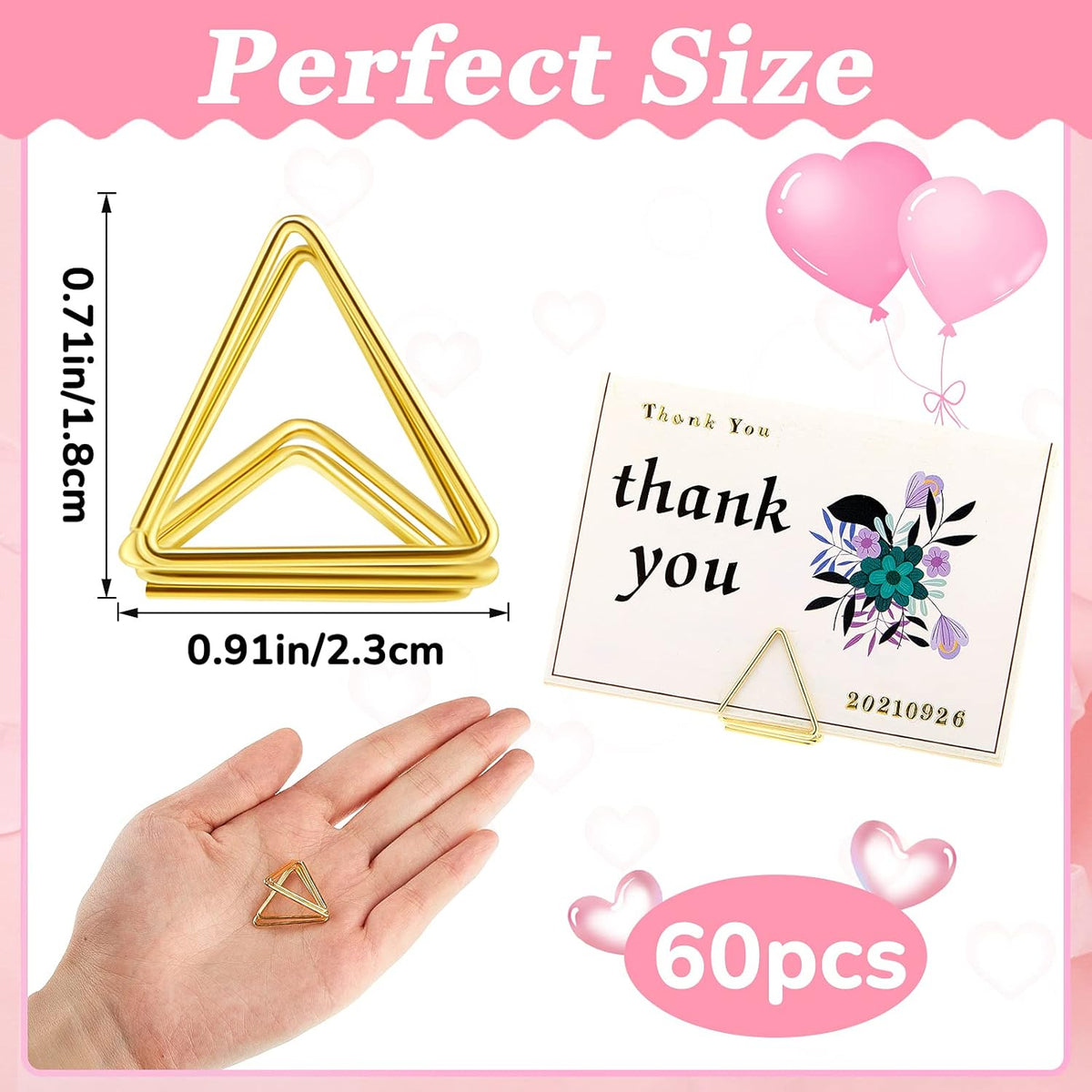 Eersida 60 Pieces Table Number Holder Place Samll Triangle Shape Name Numbers Table Photo Picture Holder Stand Clip for Wedding Baby Shower Party, Suitable for Small Card(Gold)
