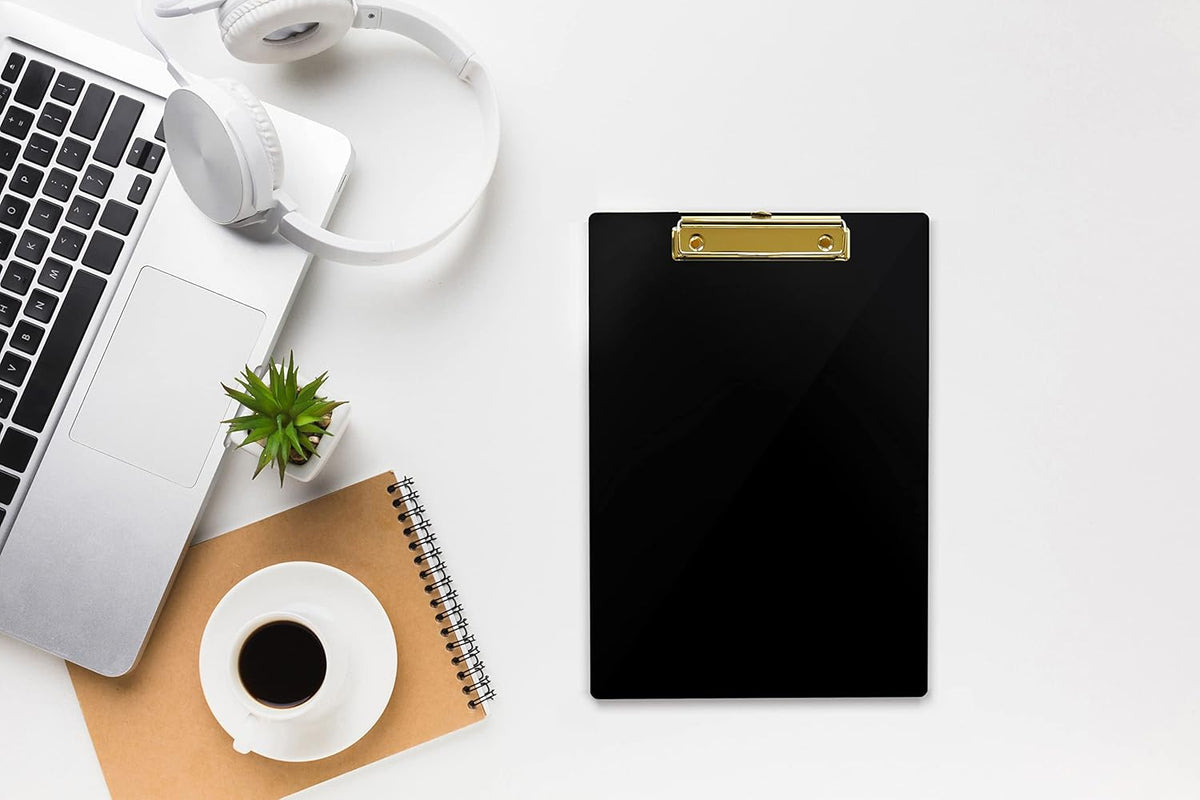 UNIQOOO Black Acrylic Clipboard with Shinny Gold Finish Clip, Perfect for Modern Arts Lover, Fashion and Style Expert, Calligrapher, Office, Seminars, Workshops, Home School, Classroom, Event