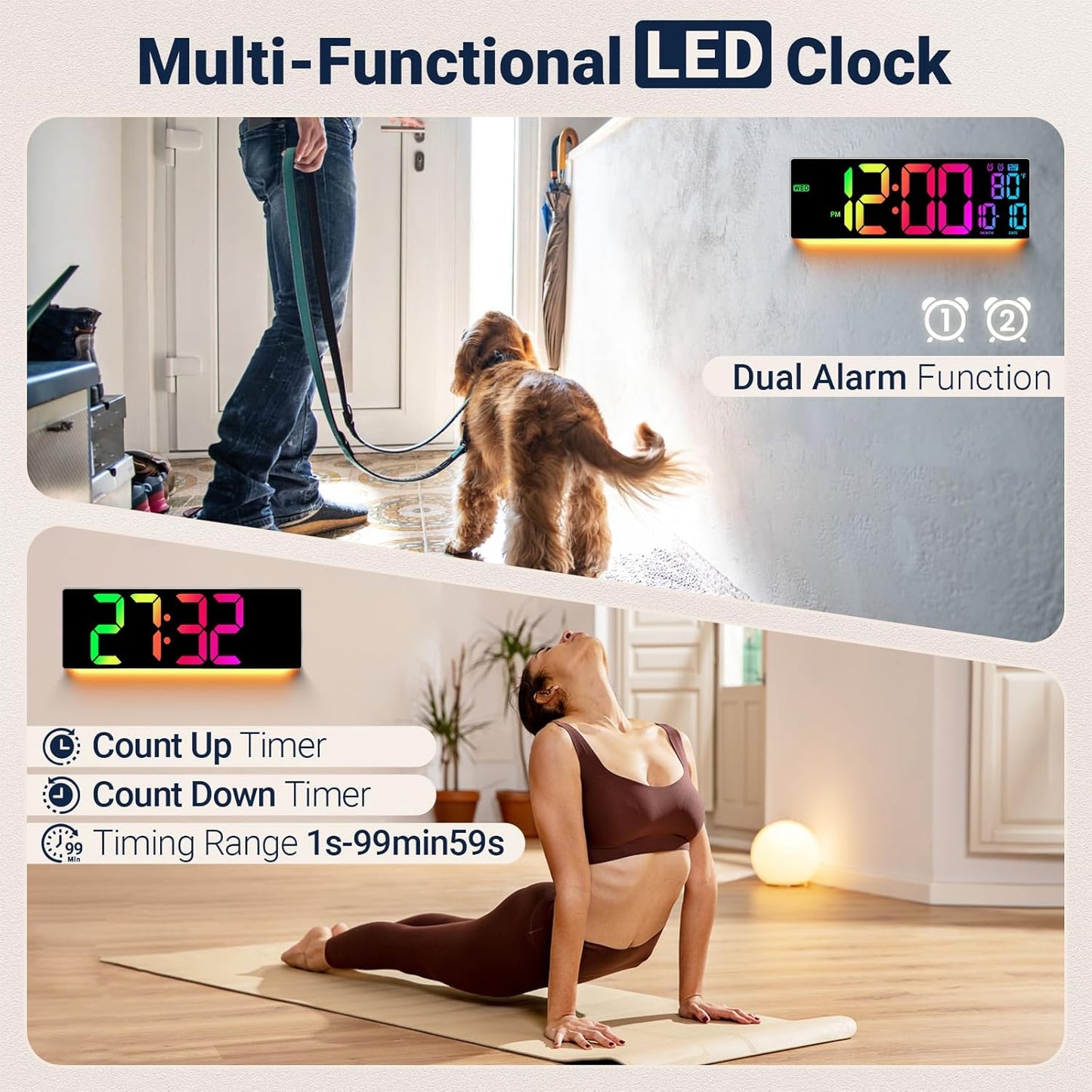 16.5" Large Digital Wall Clock: 11 RGB Colors Wall Mount Decor Clock for Living Room Bedroom Office Classroom, House Warming Gifts New Home Decor, Birthday Gifts for Men Women Gray