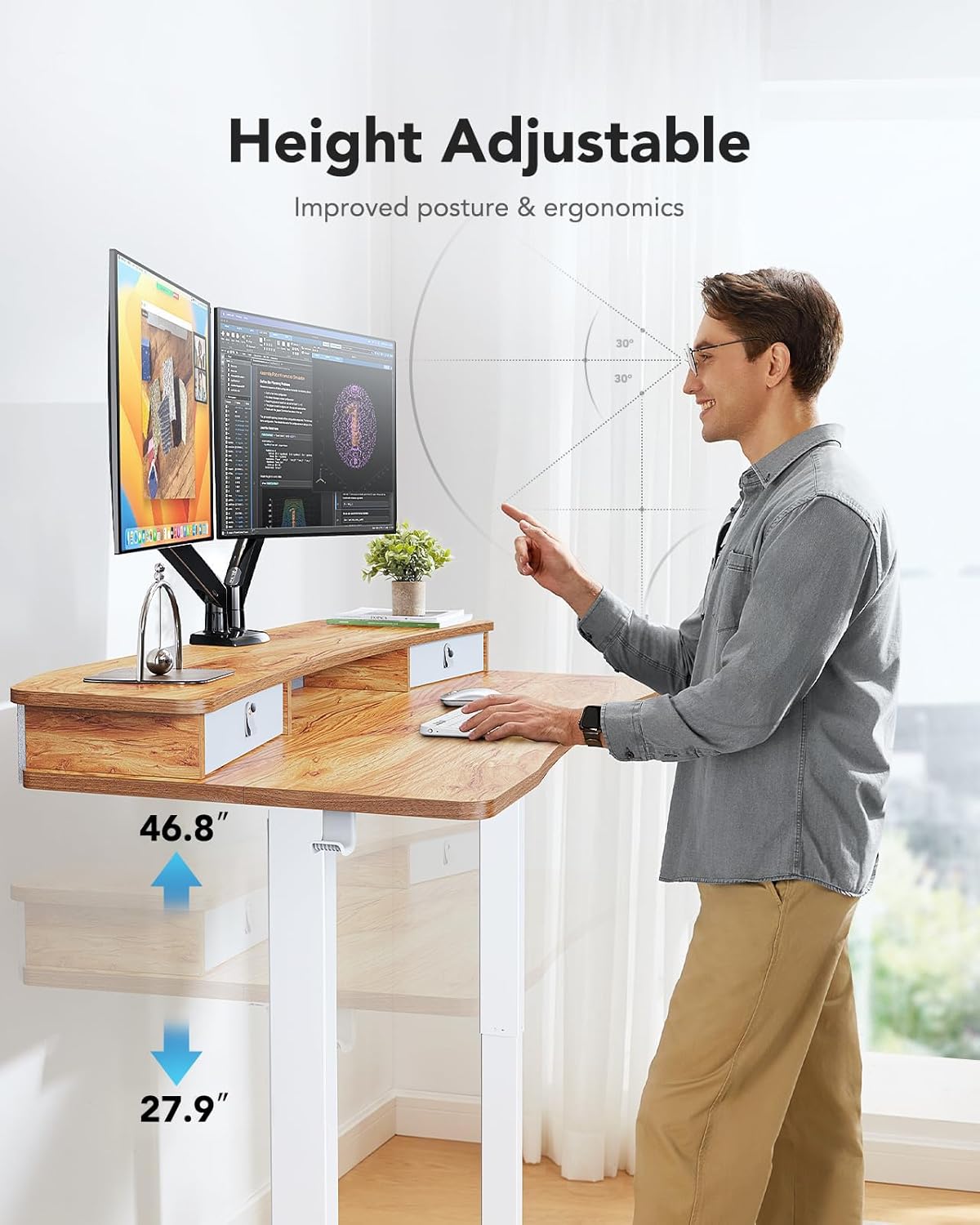 HUANUO 60″ x 30″ Electric Standing Desk with 2 Drawers, C-Clamp Mount Compatible, Height Adjustable, Home Office Stand Up Computer Desk with 4 Preset Heights & 2 Hooks, Light Vintage