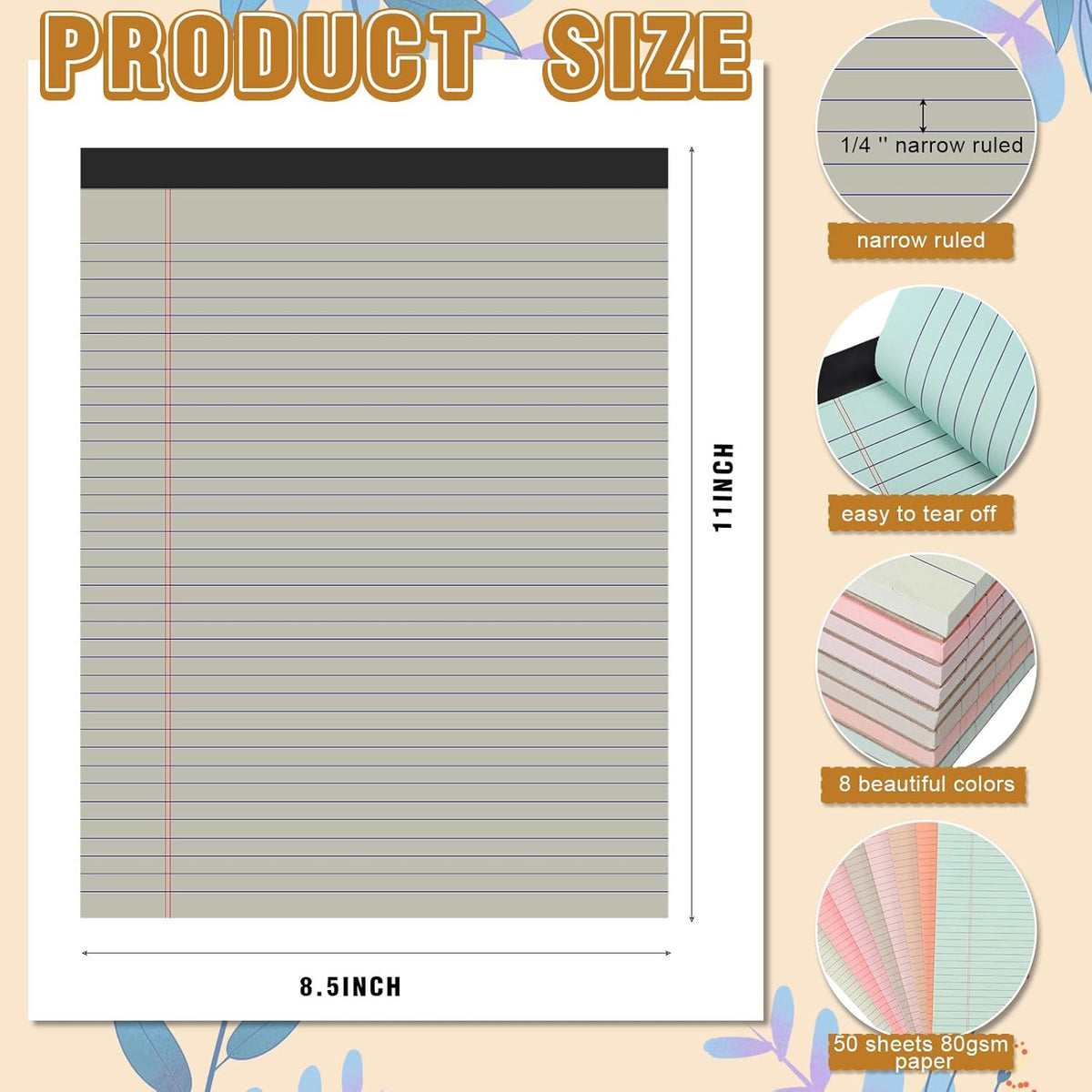 Fuutreo 8 Pcs 8.5'' x 11'' Colored Legal Pad Writing Pads Narrow Ruled 50 Sheets Per Notepad Perforated Writing Notepad Office Supplies for College Office Business (Bohemian Color)