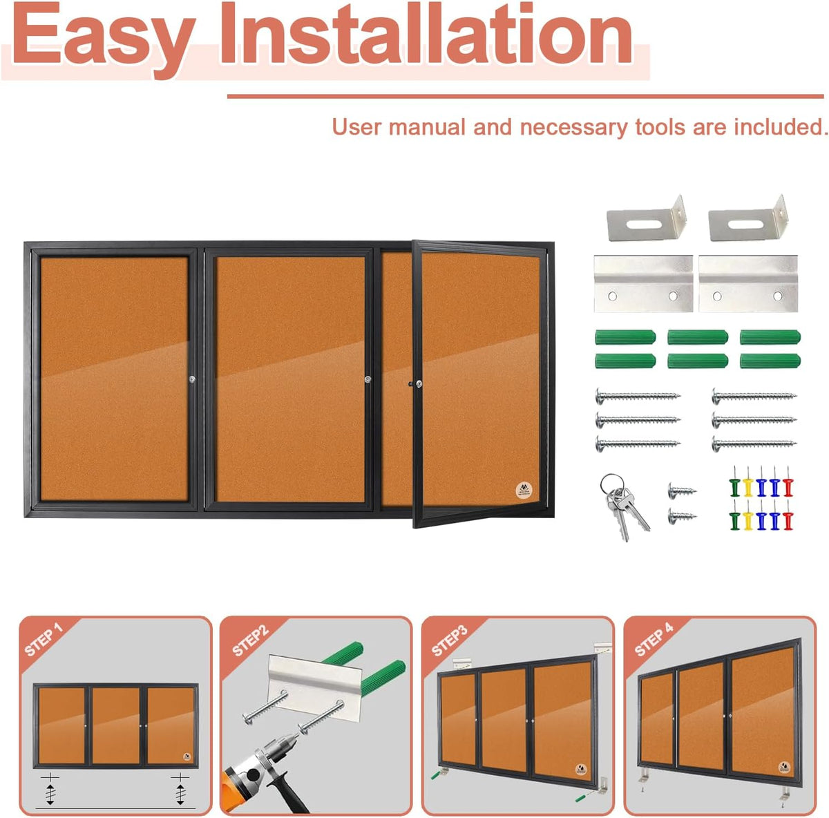 Enclosed Bulletin Board Lockable,3 Doors Weatherproof Outdoor Noticeboard with Locking Door, Wall-Mounted Aluminum Framed Presentation Board, 70x36 Inch