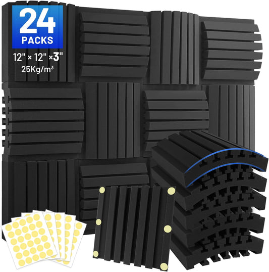 24 Pack Curved Acoustic Foam Panels 3" x 12" x 12" Sound Proof Foam Panels Soundproofing Noise Cancelling Wedge Panels for Home Office Recoding Studio with 150 PCS Double-Side Adhesive
