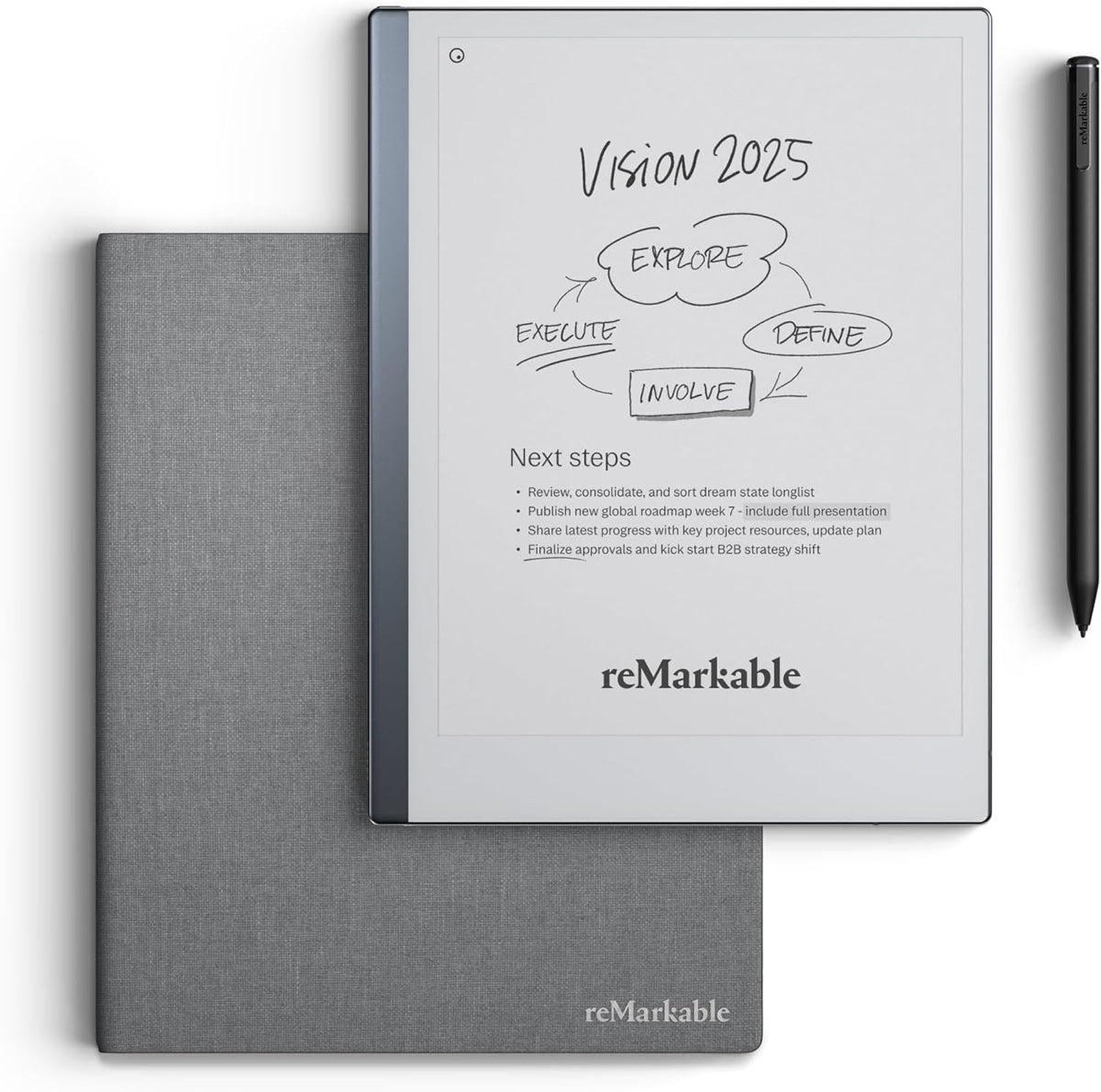 reMarkable Essentials Bundle – Gray | reMarkable 2 Paper Tablet | Includes Black and White 10.3” Writing Tablet, Marker Plus Pen with Eraser, Book Folio Cover in Gray Weave
