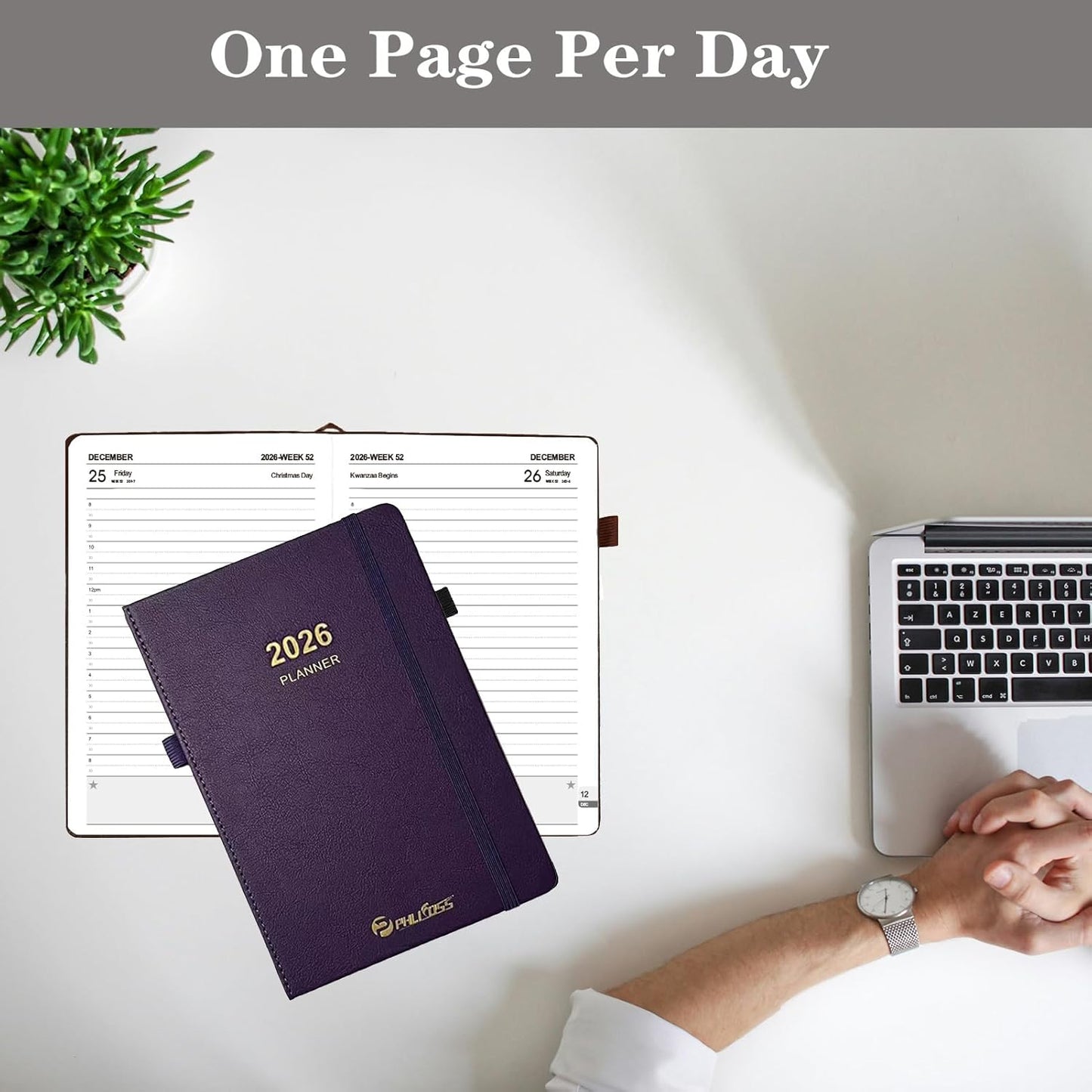 2026 Daily Planner/Calendar, One Page Per Day, Daily Monthly Agenda Planner with Time Slots and Monthly Tabs, Jan - Dec 2026, 5.7" x 8.25" Appointment Book, Pen Holder, Leather Cover (2026-Black)