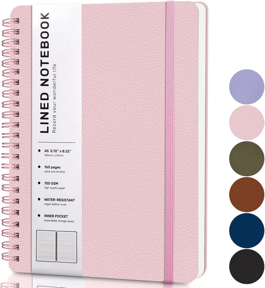 Lined Spiral Journal Notebook, A4 Hardcover Leather Notebook for Work, 8.5''×11'', 100GSM Thick Paper Spiral Bound Journaling Notebooks for Women & Men Office School Note Taking Business, Pink