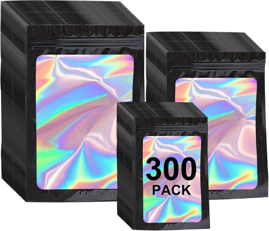 300 Pack 3 Sizes Resealable Mylar Holographic Bags Food Storage Smell Proof Bags with Front Window Packaging Pouch for Sample Snack Cookies Jewelry (Black, 3 x 4.7 inch,4 x 6 inch,4.7 x 7.9 inch)