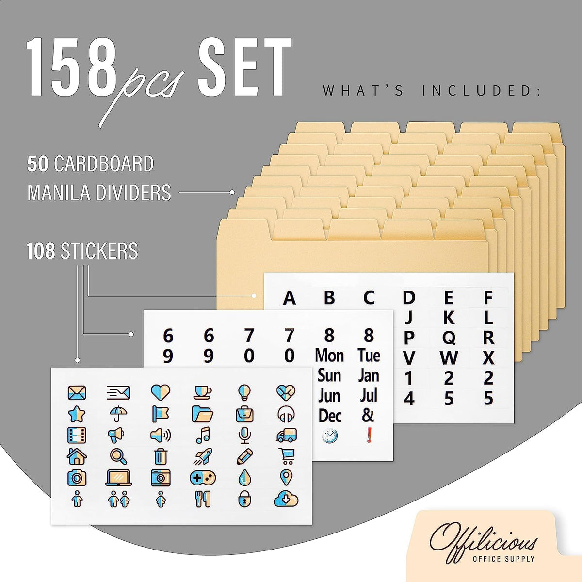 50 Manila Index Card Dividers 3x5 with Tabs & Alphabet Stickers for Recipe Cards