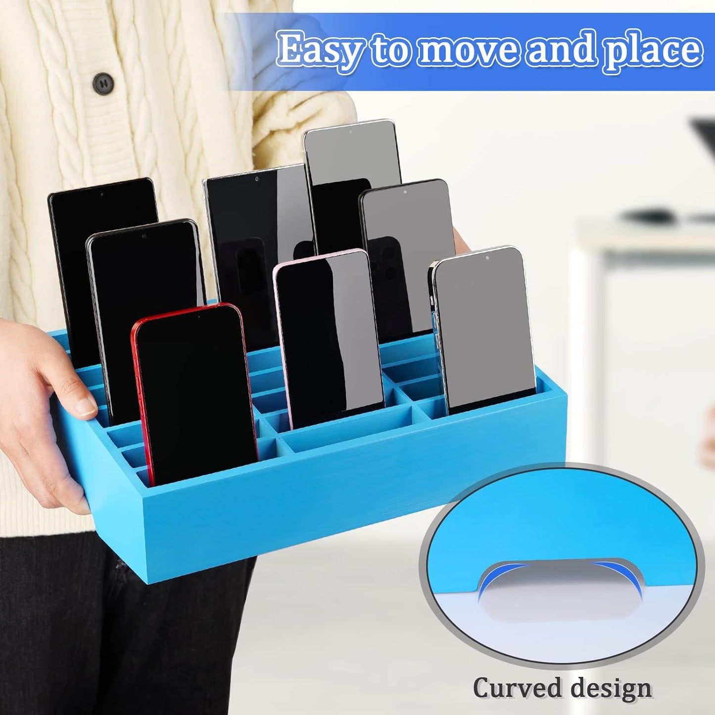 24-Grid Wooden Cell Phone Holder Desktop Organizer Storage Box for Classroom Office (Blue 24-Grid)