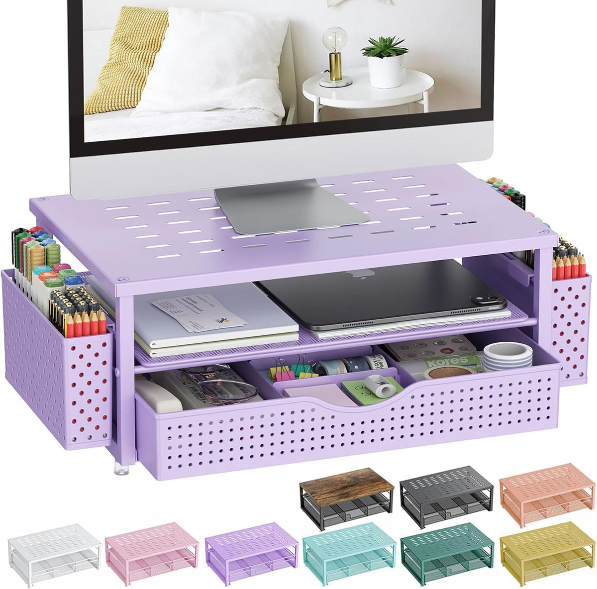 gianotter Desk Organizers and Accessories, Monitor Stand with Drawer and 2 Pen Holder, Purple Desk Accessories, Computer Stand Suitable for Offices and Dormitories (Purple)