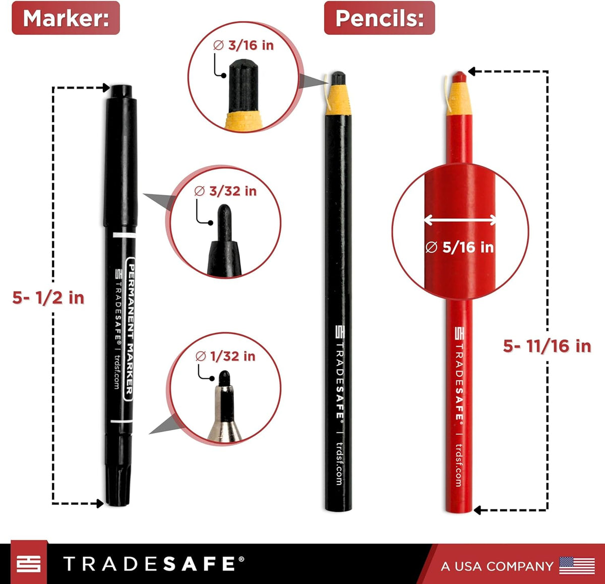 TRADESAFE Grease Pencils and Permanent Marker Set - Black China Pencil, Red Wax Pencil, Black Dual Tip Marker Pen, Premium Grade Markers for Metal, Glass, Fabric