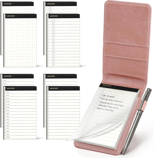 WEMATE 10 Pieces Small Notepad Holder Set Pocket Notebook - Included Mini Pocket Notepad Holder Set with 8 Memo Book Refills and Metal Pen for Meetings, Daily Records, and Notes 3 x 5 Inch (Rose Gold)