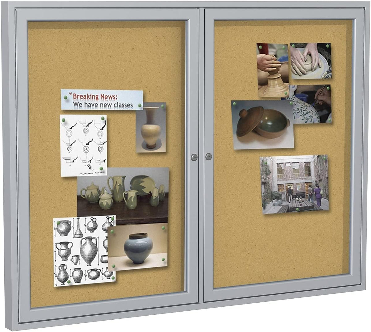 Ghent 48" x 60" 2-Door indoor Enclosed Bulletin Board , Shatter Resistant, with Lock, Satin Aluminum Frame - Natural Cork (PA245K) Made in the USA