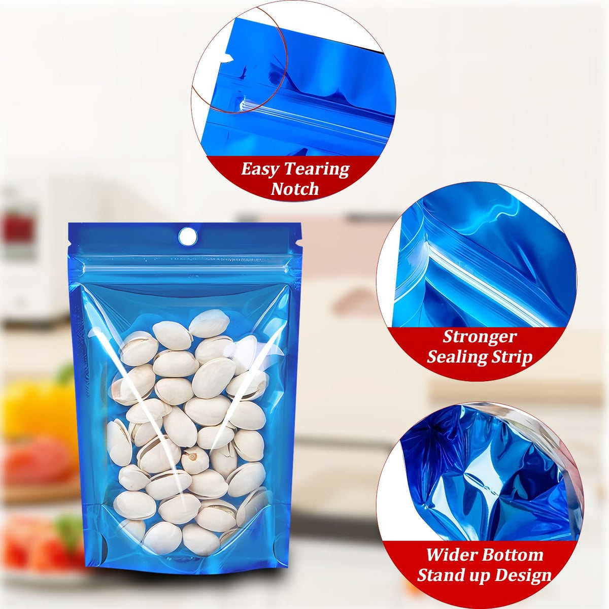 100 PCS Smell Proof Mylar Bags, Resealable Packaging Sealable Bags, Stand Up Aluminum Foil Pouch Bags with Clear Window for Food Storage, Jewelry,Cookie,Small Business Packaging(Blue 4.7x7.9inch)