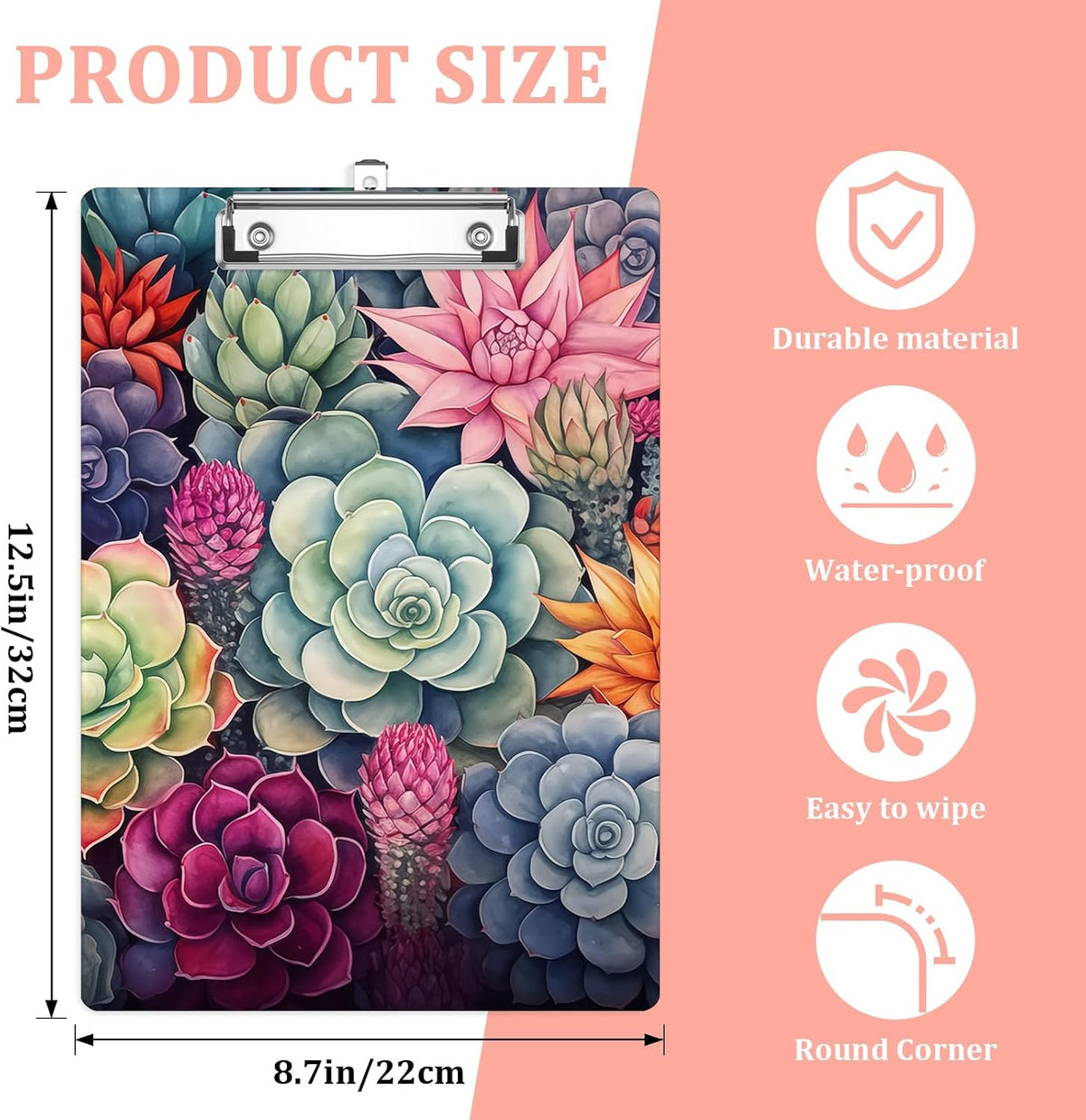 Cactus Succulent Plastic Clipboards,Cute Fashion Clipboard Decorative 8.5" x 12.5"Standard A4 Size Clipboards,Acrylic Clipboard for Teacher,Social Worker,Students,Nurse,Office Supplies