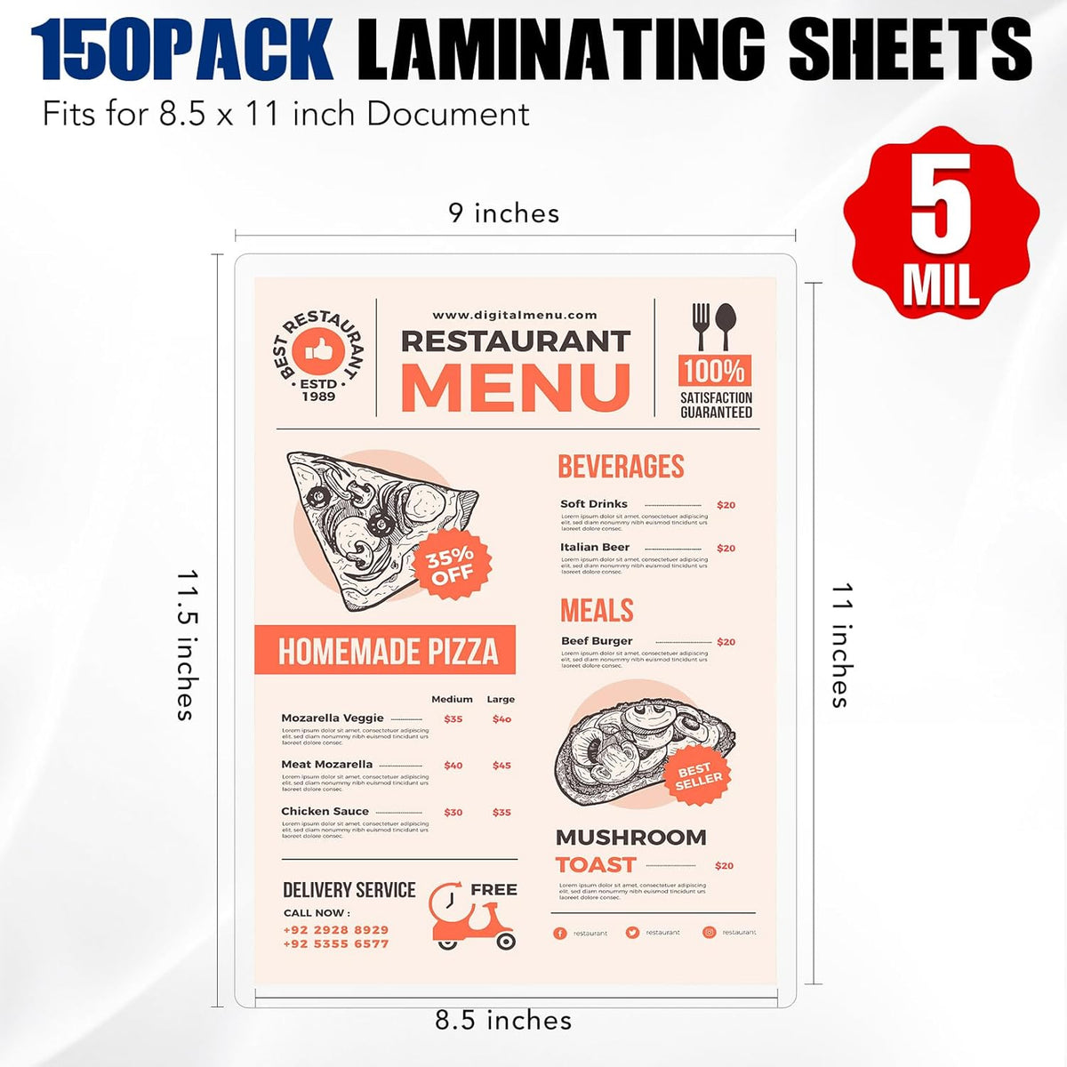 150 Pack 5 Mil Laminating Sheets, 9x11.5 Inches Thermal Laminating Pouches, for Laminator, Letter Size, Ultra Clear, Thick, Hold 8.5x11 Inches, Office School Supplies