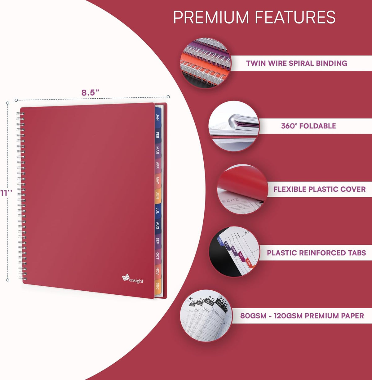 Ensight 2026 Appointment Book & Planner Ensight 8.5 x 11 inches Large Tabbed Daily Hourly Weekly Planner Schedule Book 15 Minute time Slots Business & Personal Planner Jan 2026 Dec 2026 Maroon