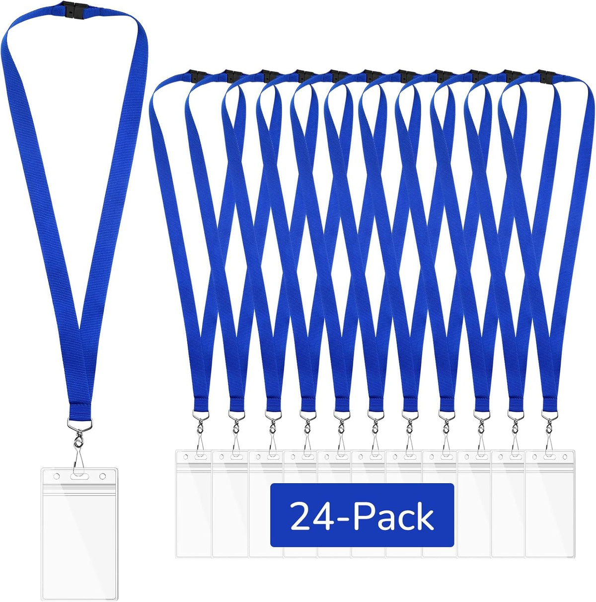 24-Pack Blue Breakaway Lanyards with Waterproof Badge Holders, Metal Hook, Polyester Neck Straps for ID Cards, Events, Office, and Schools