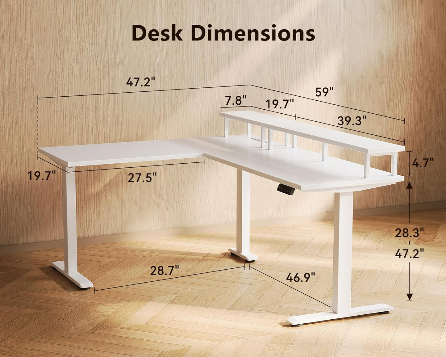 AODK Electric L-Shaped Standing Desk, 59 Inch Height Adjustable Office Desk with Monitor Stand, Sit-Stand Desk with Power Outlets, Large Lift Table for Home, Office, Workstation, White