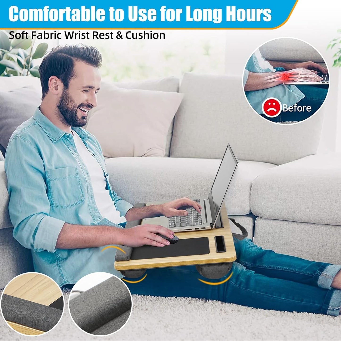 Natural Wood Laptop Tray for Lap - Portable Laps Desk for Lap with Cushion, Lightweight Laptop Lap Tray with Mouse Pad, Fits Laptops Up to 17 Inches, Built-in Mouse Pad, Tablet Phone Holder, Beige