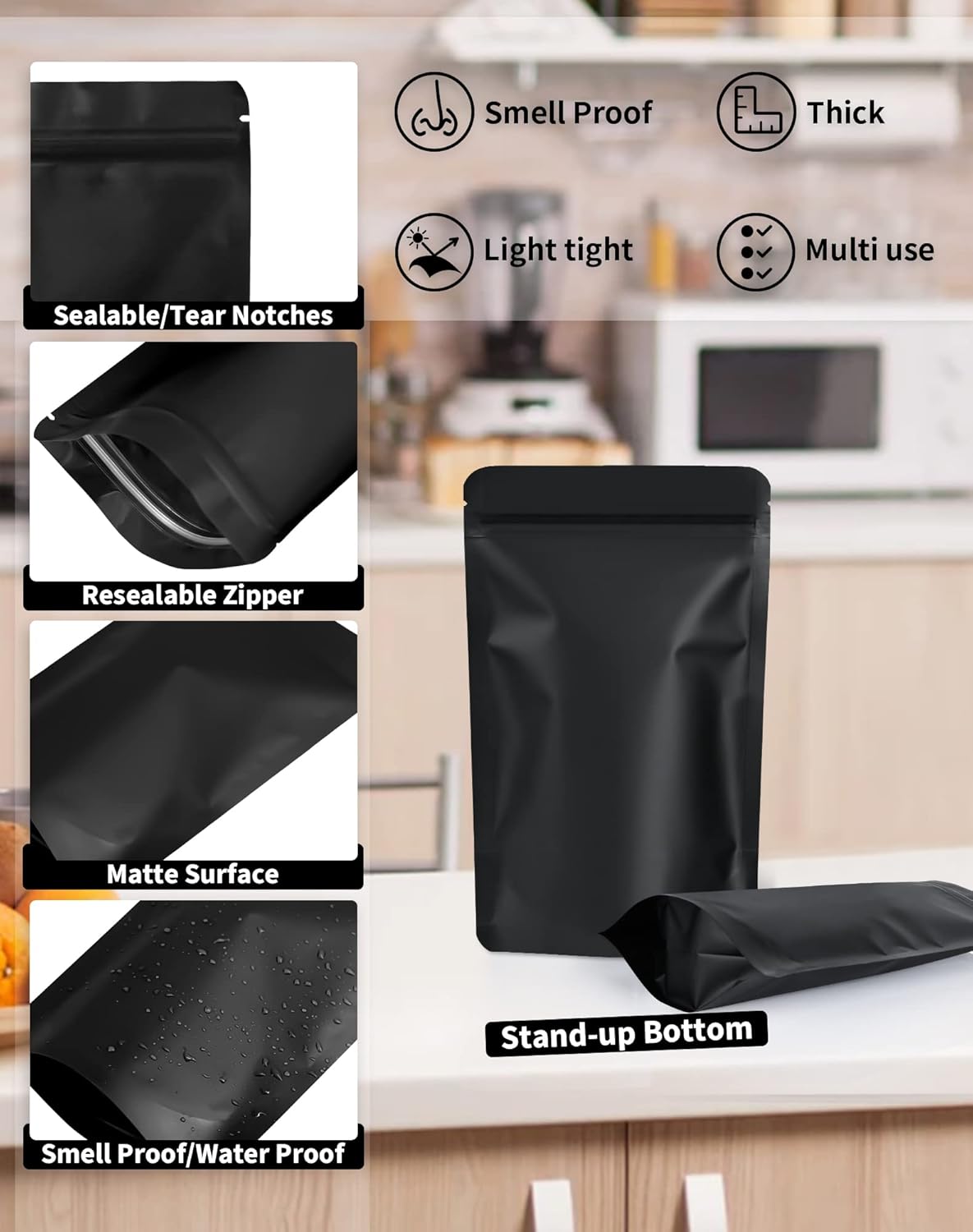 100 Pack Resealable Stand Up Bags,5.5" x 8.6" Smell Proof Pouch Sealable Foil Pouch Bags for Packaging (Black)