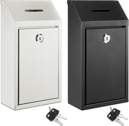 2 Pack Metal Suggestion Boxes with Lock Keys Ballot Donation Boxes with Slot for Fundraising Wall Mounted Mailbox Delivery Container for Home Office Outdoor Door, 10.2x5.7x2.95in(White, Black)