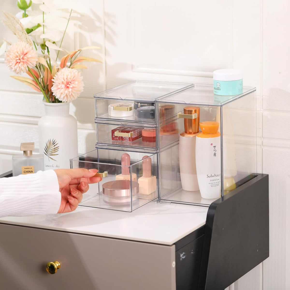 4Pack Stackable Storage Drawers, Clear Plastic Organizer Bins for Bathroom and Office Organization, Perfect for Cosmetic, Beauty Supplies, Accessories