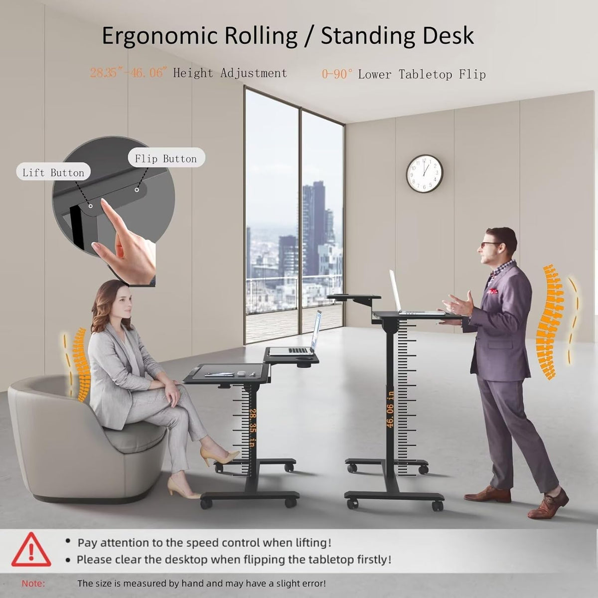 Pneumatic Standing Desk with Wheels - Adjustable Height 28" - 46" & 0-90° Tilt, 31.5" x 17.7" Skin-Feel Desktop, Rolling Computer Desk for Home Office, Hospital, School (Black)