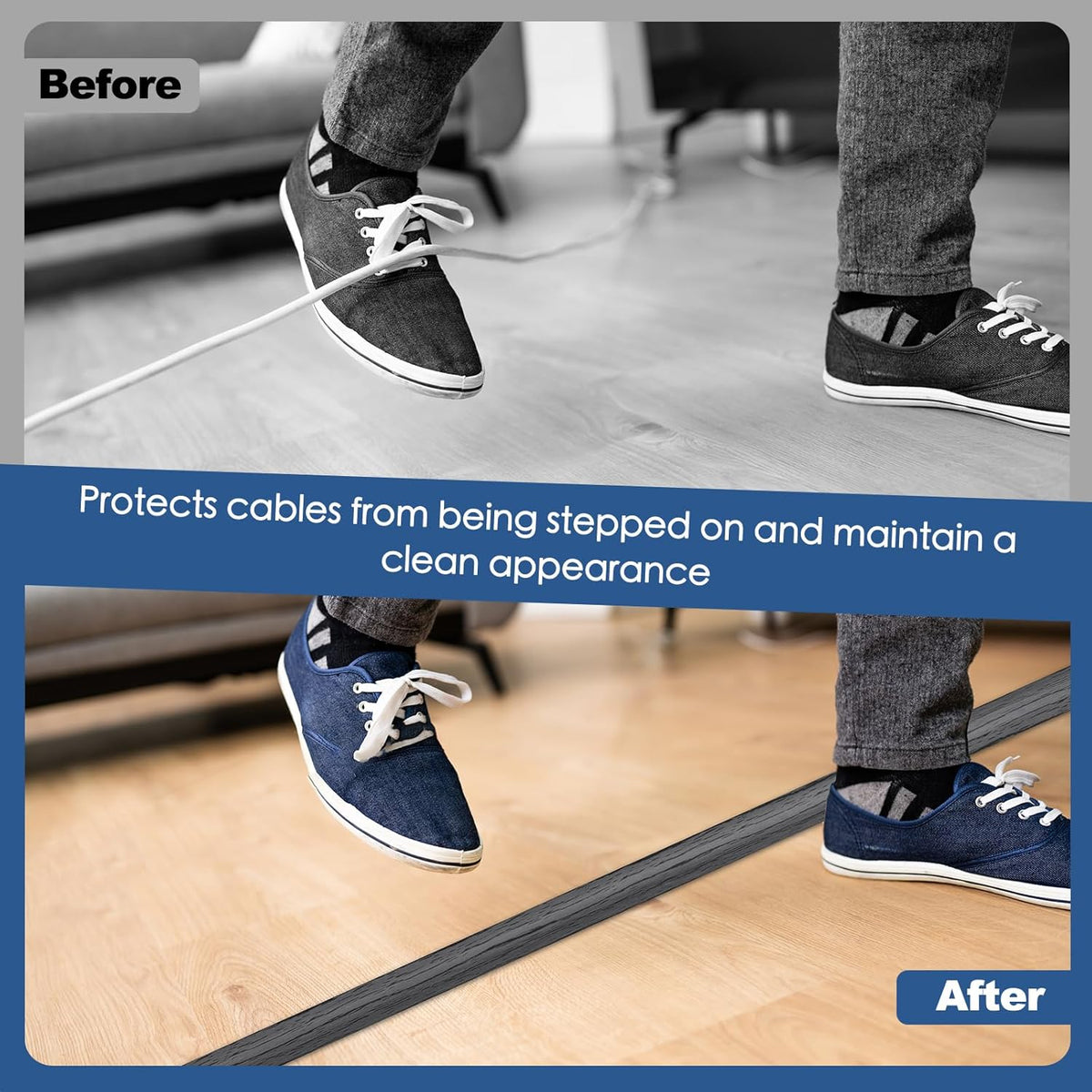 Floor Cord Cover for Wires on Floor Self Adhesive Cord Hider Floor Cable Management Wire Covers for Cords Protector Prevent Cable Trips Cord Cavity W 0.59" x H 0.31", Deep Gray Wood, 3.3Ft