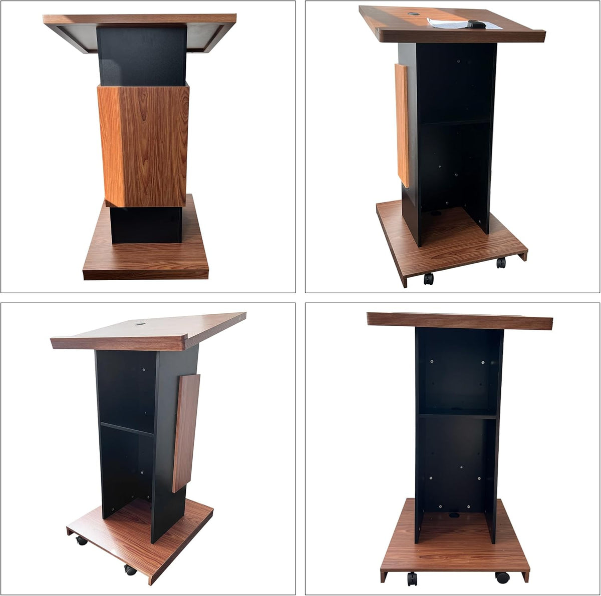 Wood Podium with Wheels,Wooden Lectern Stand,15MM Particle Board,Elegant Design with Storage,Mic Stand Space, Wooden Pulpit for Restaurants,Churches,Seminars and Schools