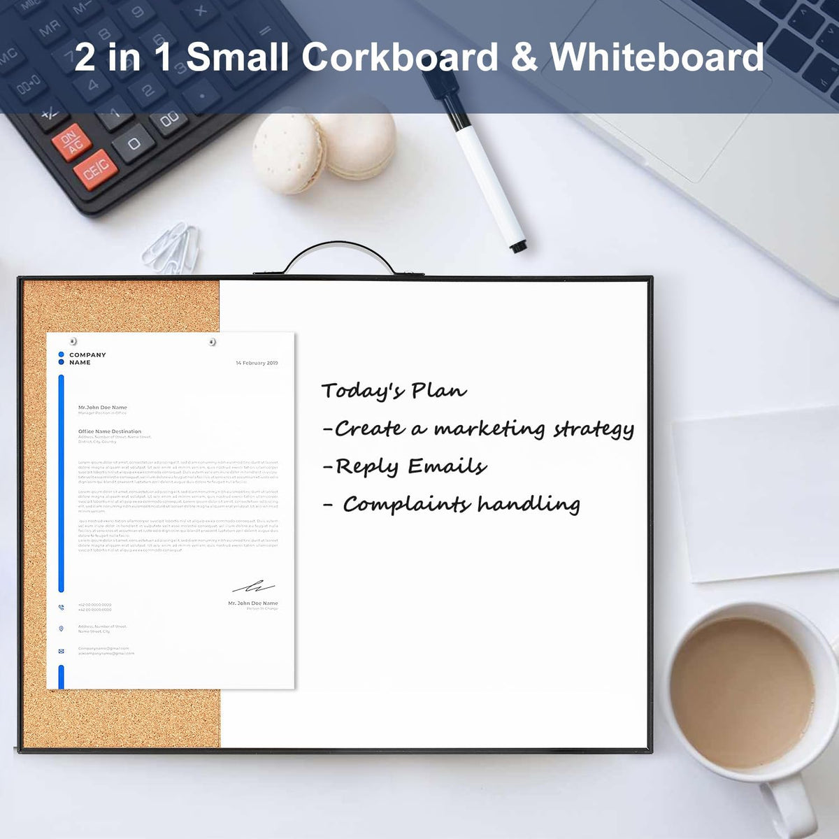 Small Cork Board Whiteboard Combo - 12" X 16" Portable Aluminum Black Framed Magnetic Dry Erase Board for Wall, Mini Bulletin CorkBoard with a Handle for Office, Home and School