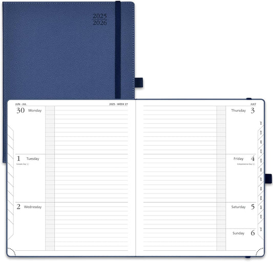 POPRUN Planner 2025-2026 (Large 8.5''x 10.5''), Horizontal Weekly Notebook Jul.2025 - Jun.2026, Academic Appointment Book with Monthly Tabs, Leather Hardcover, Inner Pocket, 100 GSM - Navy Blue