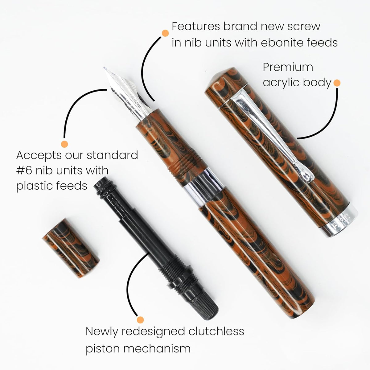 Jaipur V2 Piston Filled Refillable Fountain Pen - Brown Ultra Flex Cursive Pen w/Stainless Steel Nib - Luxury Pens w/Acrylic Body & Ebonite Feed - Fountain Pens for Journaling & Calligraphy