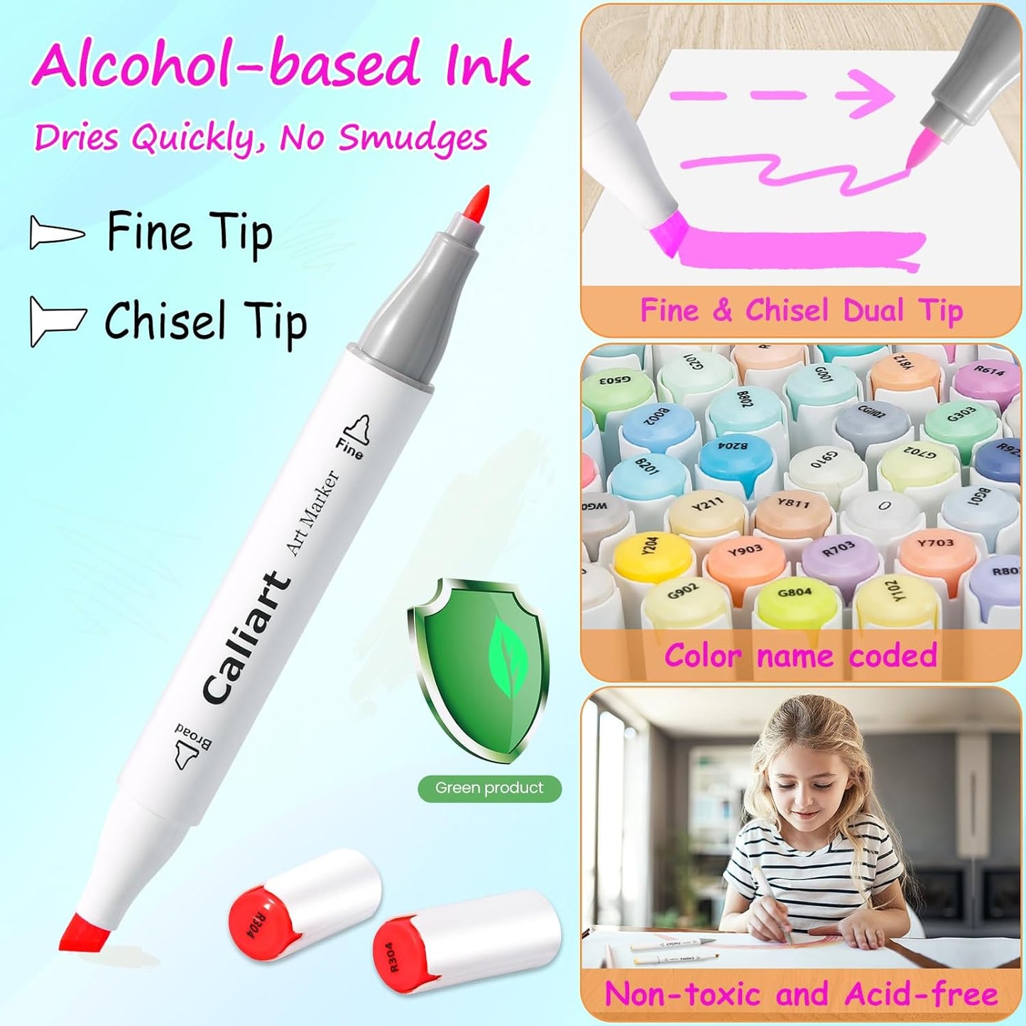 Caliart Alcohol Based Markers, 180 Colors Dual Tip Art Marker Set Fine & Chisel, Permanent Colored Pens for Adults Coloring Book Artists Illustration Sketch Lettering Drawing Cards Planner
