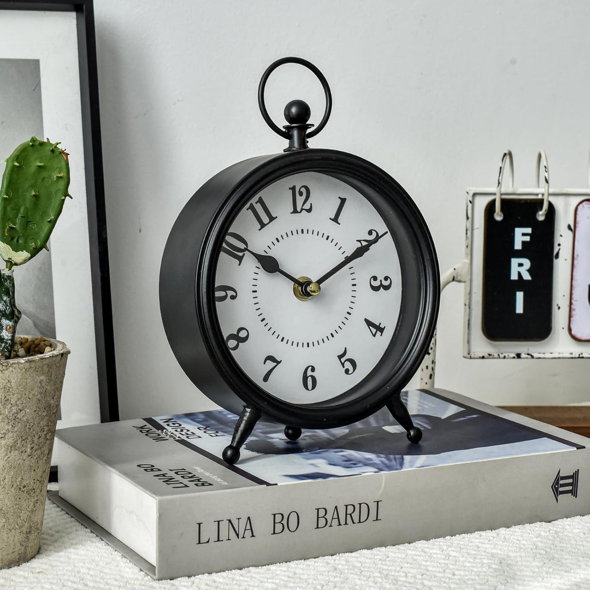Vintage Non-Ticking Black Table Clock with Stand, Decorative Clock for Desk and Shelf, Rustic Farmhouse Style Mantel Timepiece