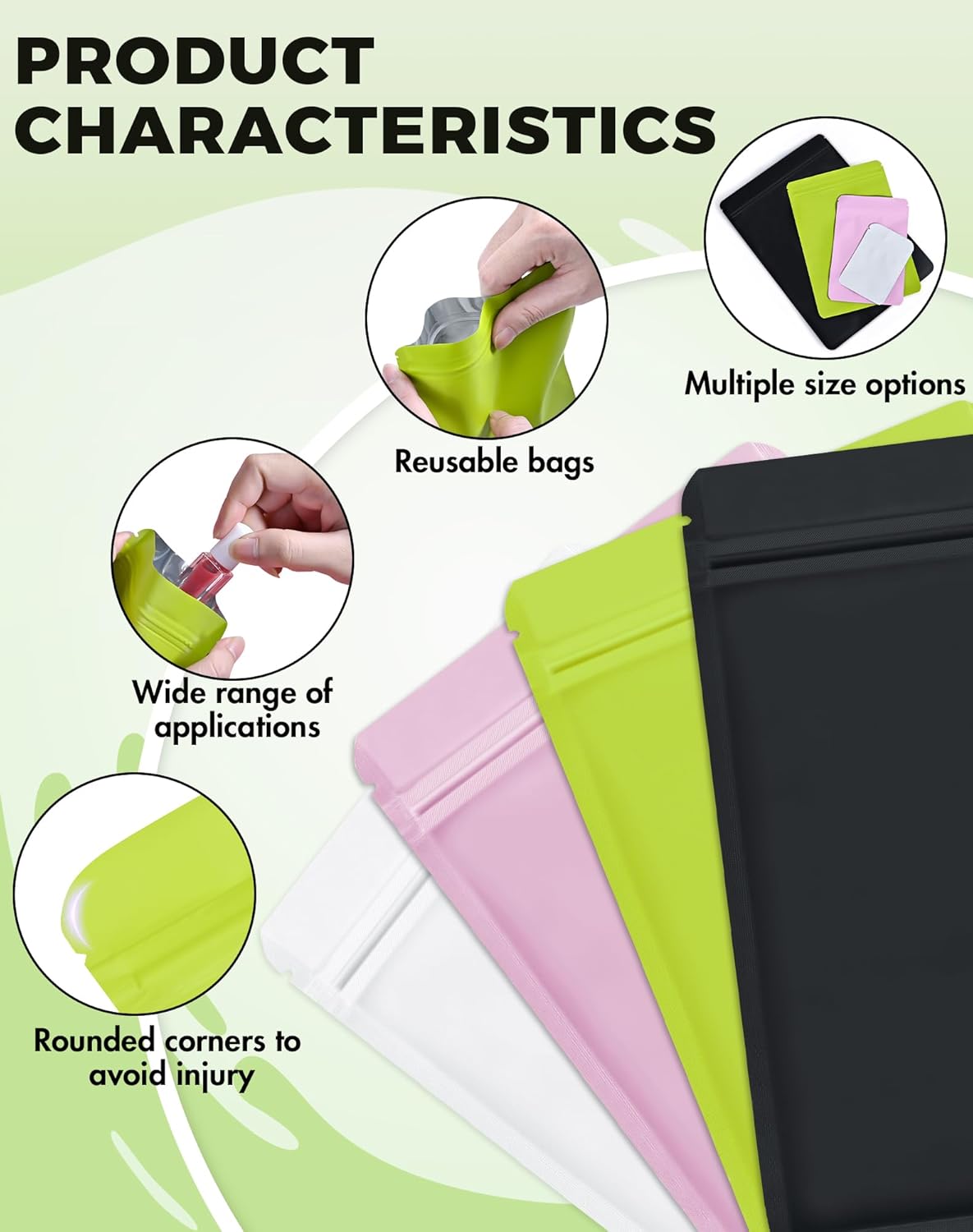 FireKylin 100 Pack Resealable Packaging Bags for Small Business Double-Sided Color Smell Proof Bags for Food Storage Flat Bags (Green, 2.7" x 3.8")