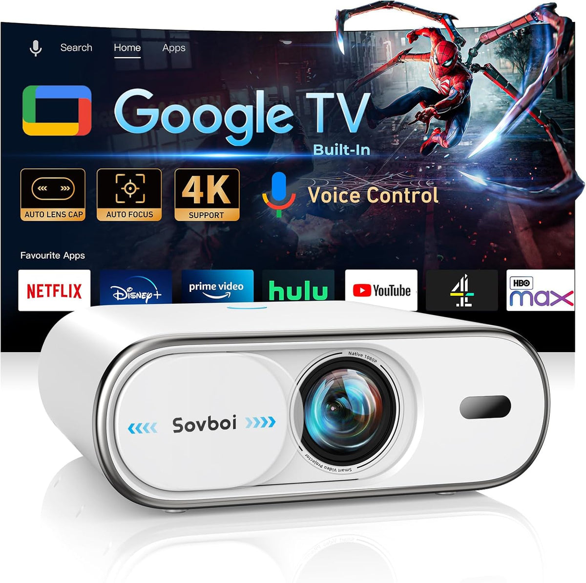 Projector Compatible with Google TV|1800 ANSI|Auto Lens Cap&4D Keystone|Auto Focus|Voice Control Portable Outdoor Projector 4K with WiFi and Bluetooth, Sovboi Smart Proyector for Netflix Home Theater
