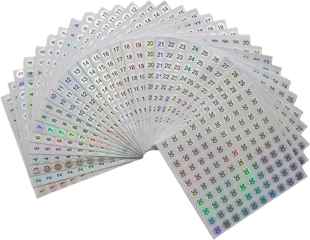 30 Sheets 1 to 30 Waterproof Reflective Laser Number Stickers,Round Self Adhesive Stickers/Inventory/Storage Organizing Sticker