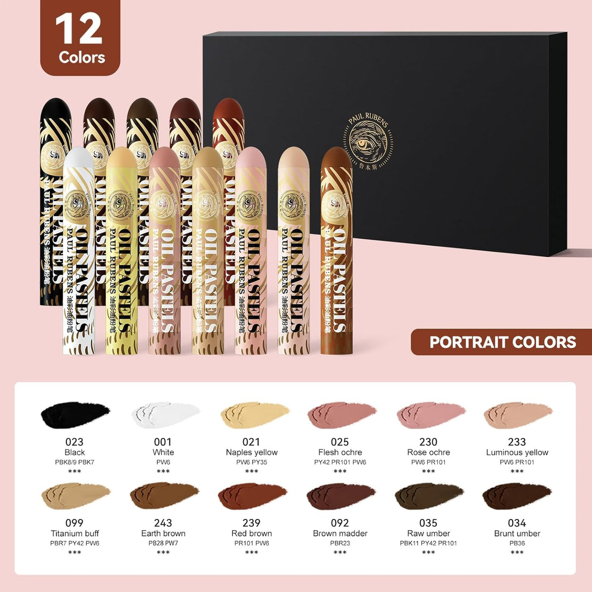 Paul Rubens Large Oil Pastels Set - 12 Portrait Colors (0.79" x 4.72" Jumbo Sticks), Vibrant, Creamy Texture and Blends Easily for Artists, Students and Professionals, Ideal for Filling in Large Areas