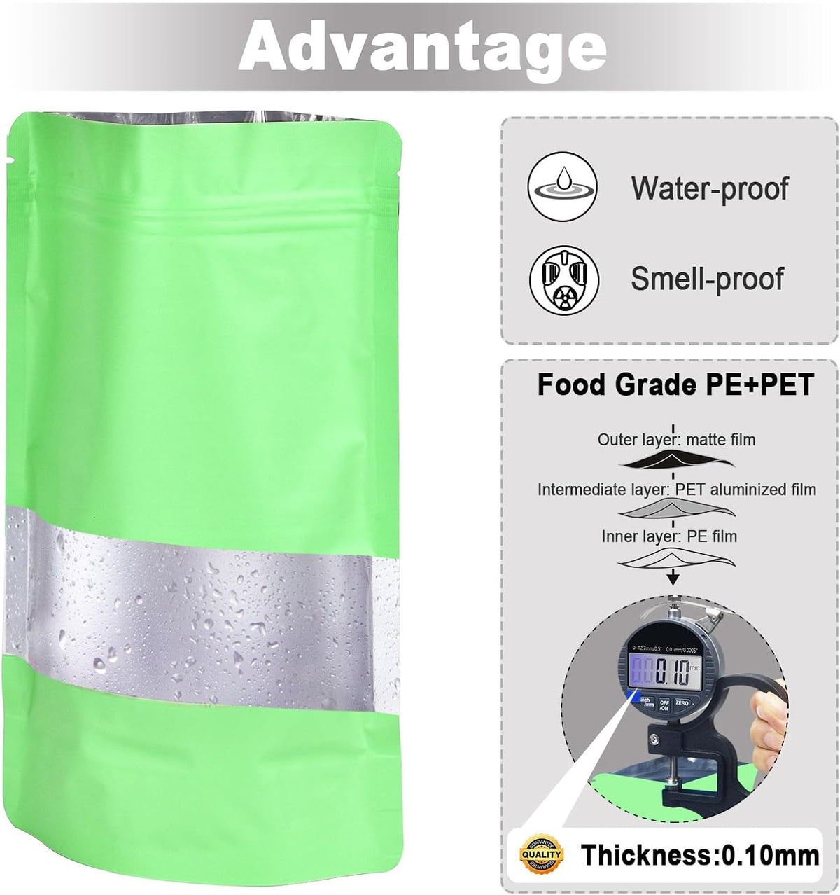 3.5"x5" 120pcs Mylar Bags for Food Storage,Smell Proof Bag with Matte Window Resealable Food Storage Bags for Small Business, Stand-up Foil Pouch Packaging Freeze Dried Candy Bag(Light Green)