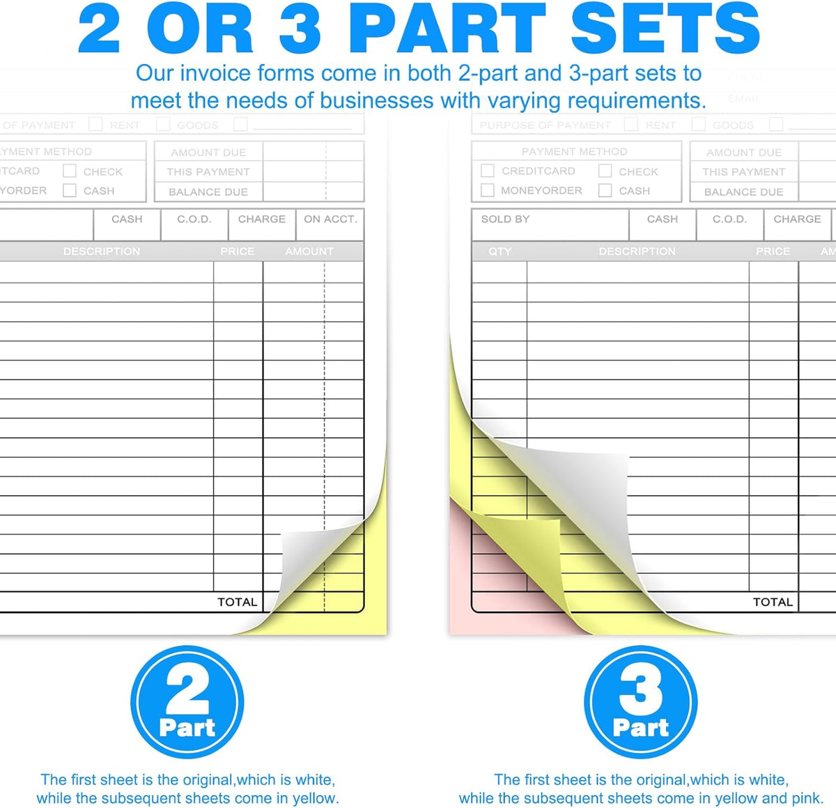 Custom Sales Invoice Personalized Carbonless NCR Forms with Company Name/Logo Personalized Invoice, Receipt Book, Work Sales Purchase Orders, Estimates, Quote Forms 8.5" x 7" - 3 Part(150 Sets)