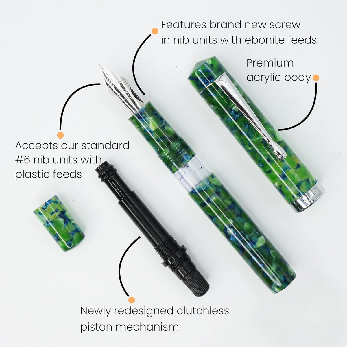 Jaipur V2 Piston Filled Refillable Fountain Pen - Jade Ultra Flex Cursive Pen w/Stainless Steel Nib - Luxury Pens w/Acrylic Body & Ebonite Feed - Fountain Pens for Journaling & Calligraphy