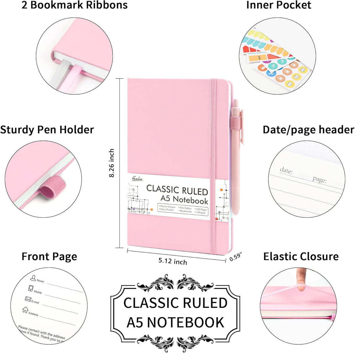 feela 24 Pack Journal Notebook Bulk for Work, Business Notebook Hardcover Lined Writing Journal with Pen Holder for Men Women Note Taking, with 24 Black Pens, 120 GSM, 5.1”x8.3”, A5, Rose Pink