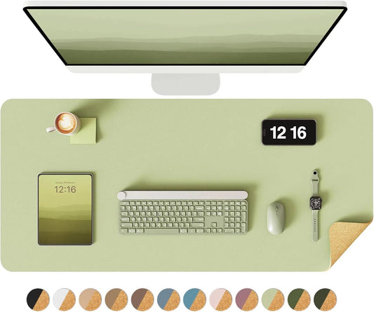 YSAGi Double-Sided Desk Pad, 35.4"x17" Leather Desk Mat, Eco Cork Desk Pad Protector,Large Mouse Pad,Waterproof Desk Blotter for Office/Home (Matcha Green/Cork)
