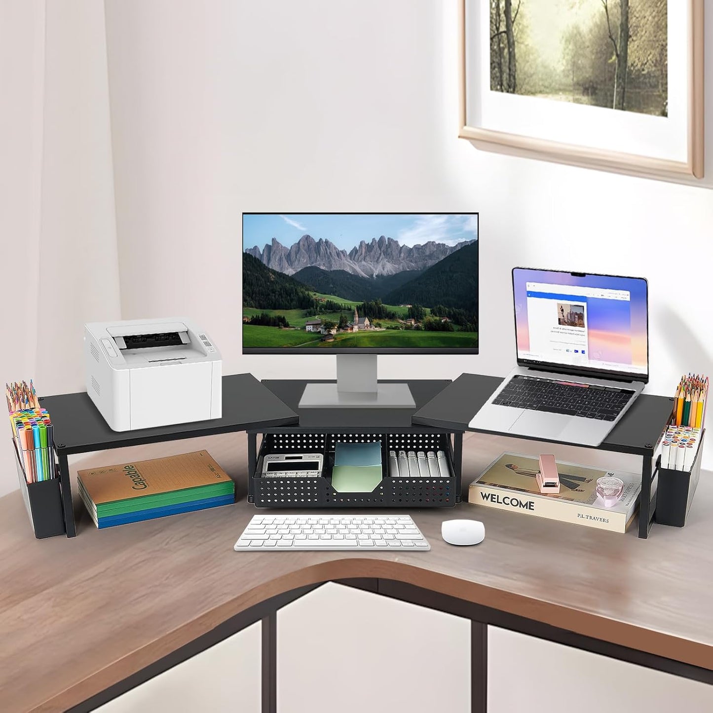 Desk Dual Monitor Stand Riser - Desk Organizer with Drawer and Pen Holders, Office Desk Accessories & Workspace Organization, Computer Monitor Stand for Laptop, Printer, TV(Black Wood)