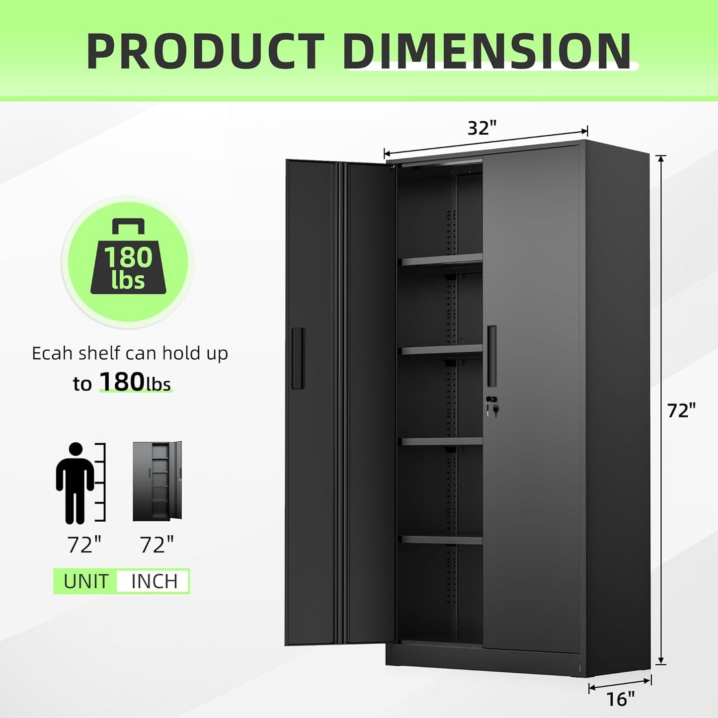 SUNCROWN 72" Metal Storage Cabinet - Heavy-Duty Metal Garage Cabinet with 4 Adjustable Shelves & 2 Doors for Tools, Office, Home, Workshop,Black-Small