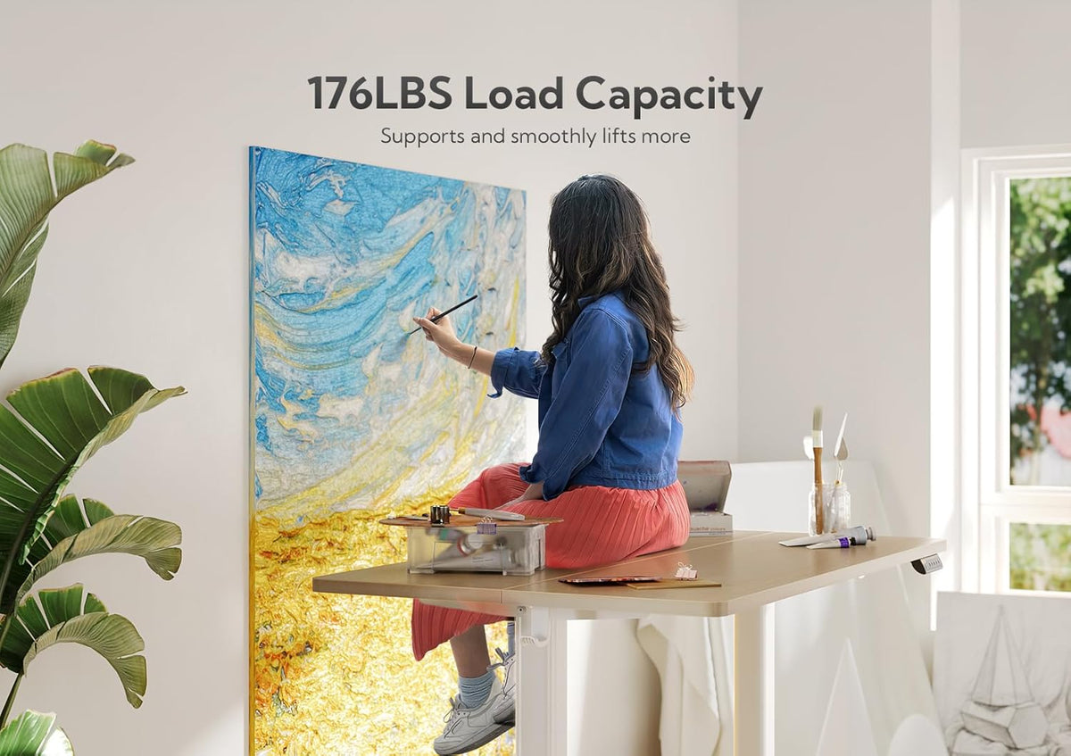 Claiks Electric Height Adjustable Stand Up Desk, 35x20 Inches Sit Stand Desk for Home Office, Nature Top/White Frame