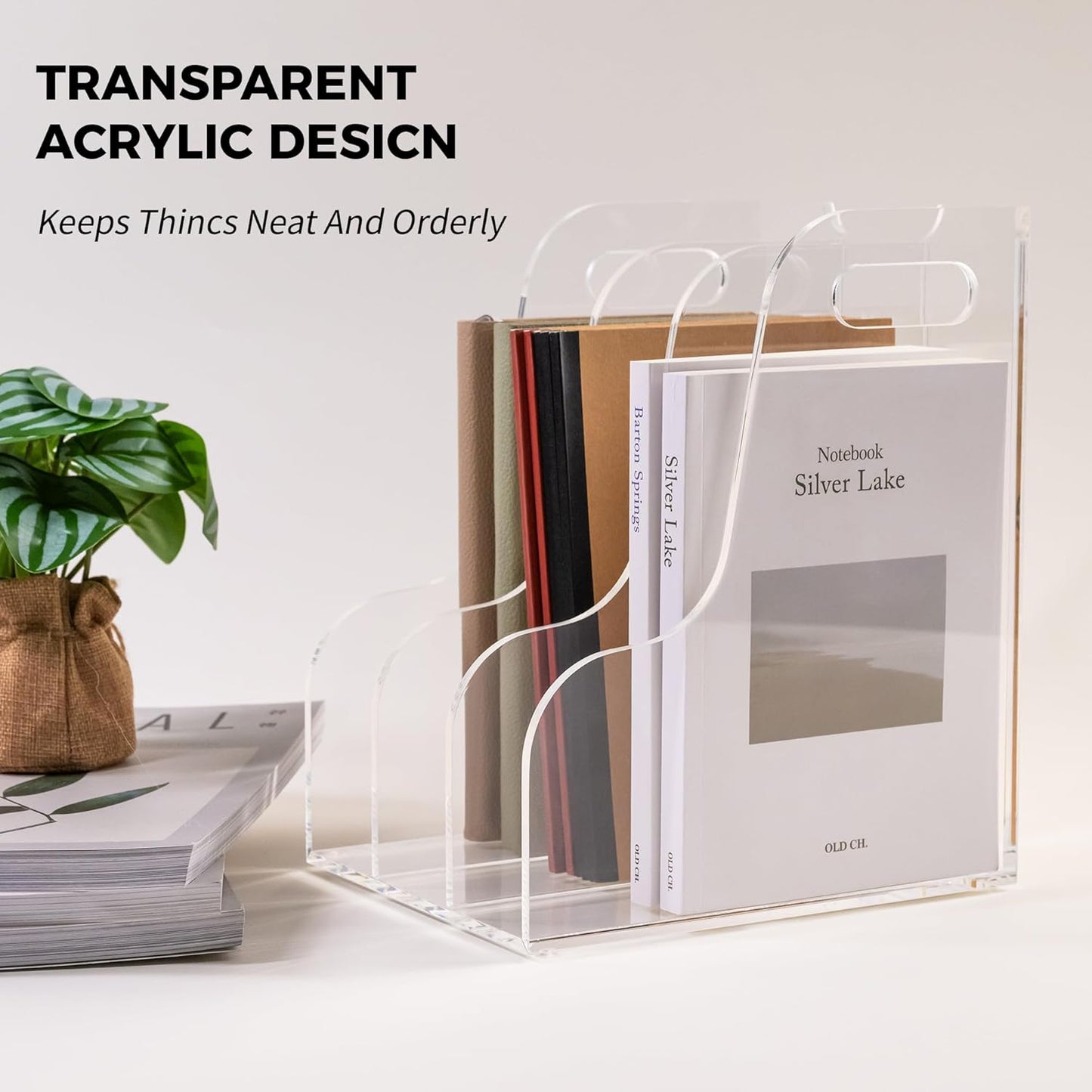 3 Vertical Compartments File Holder, Clear Acrylic Desk Organizer and Storage Bins Holding for Magazines, Binders, Notebooks, Envelopes, Multi-purpose Document Organizer for Home Office