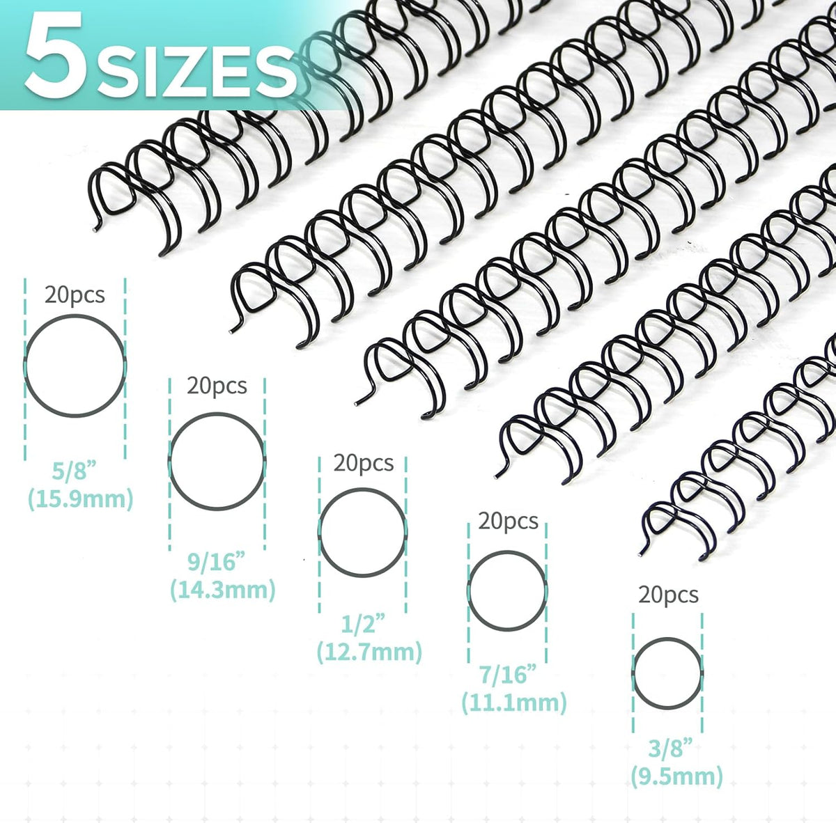 Rayson Double Loop Binding Wires, Mixed Sizes (3/8", 7/16", 1/2", 9/16", 5/8") 2:1 Pitch Wire Binding Spines, 21-Loop Black, Pack of 100