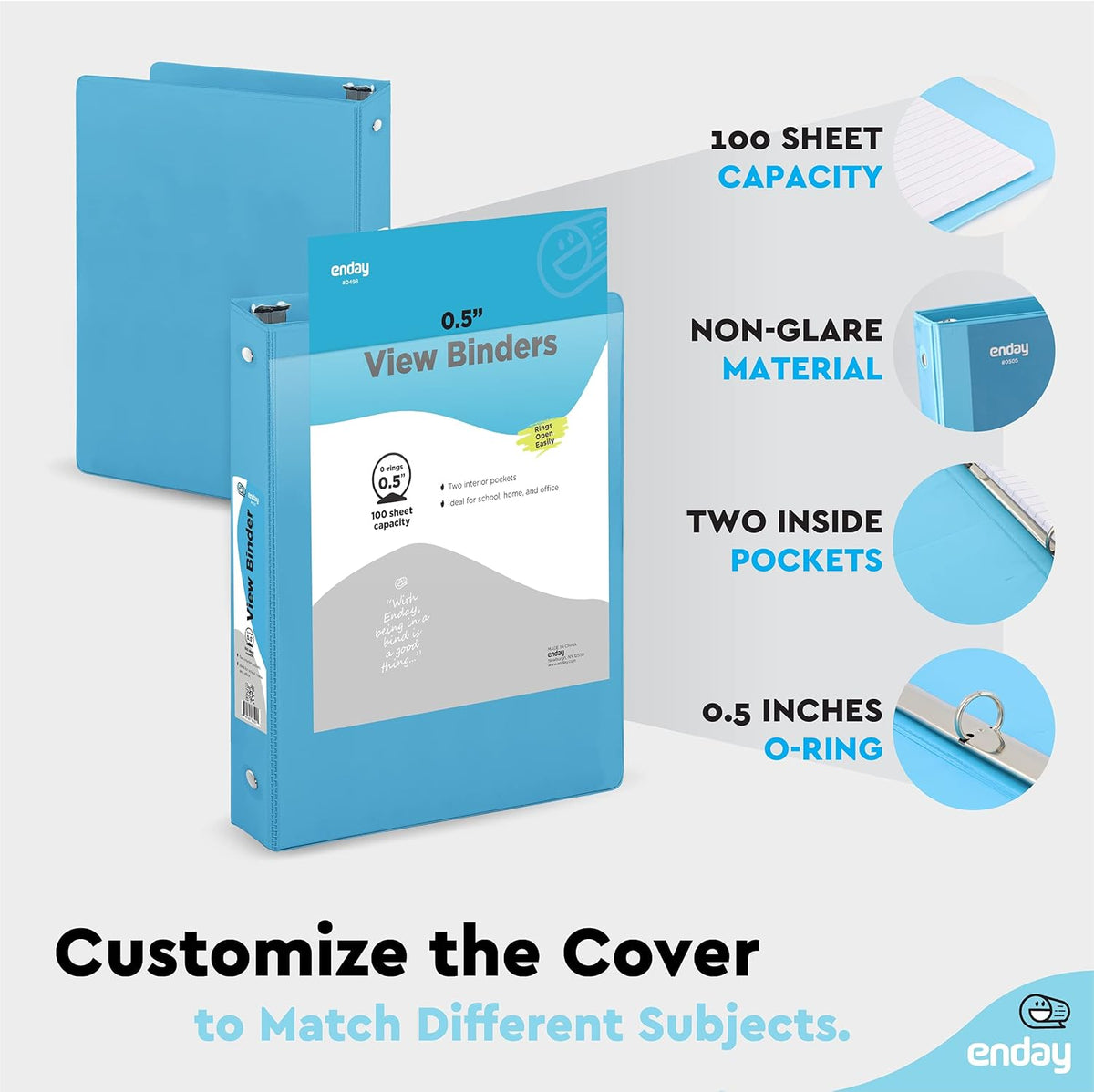 ½ Inch 3 Ring Binder Blue .5 Inch Round Ring Clear View Cover with 2 Inside Pockets Binders, Colored School Supplies Binders, Also Available in Pink, Red, Green, Purple, and Grey (6 PC) – by Enday
